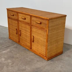 Buffet / crédence vintage en rotin et bambou, années 1970