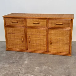 Buffet / crédence vintage en rotin et bambou, années 1970