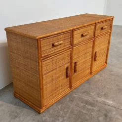 Buffet / crédence vintage en rotin et bambou, années 1970