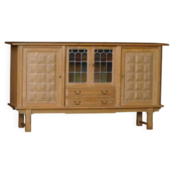 Buffet danois en chêne avec portes en verre au plomb, Henning Kjærnulf, Danemark, années 1960