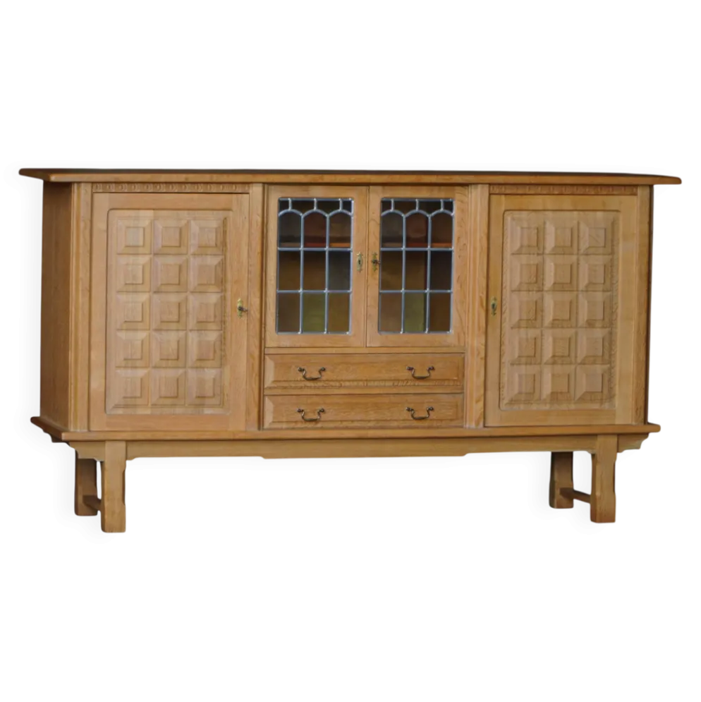 Buffet danois en chêne avec portes en verre au plomb, Henning Kjærnulf, Danemark, années 1960