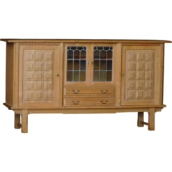 Buffet danois en chêne avec portes en verre au plomb, Henning Kjærnulf, Danemark, années 1960