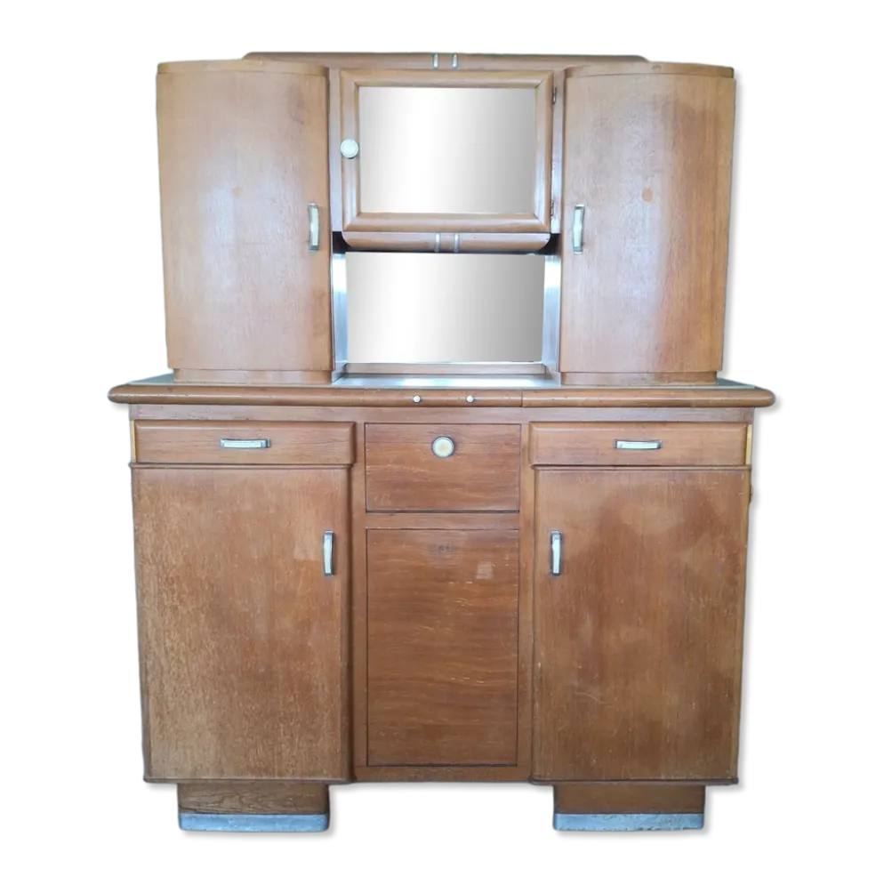 Buffet de cuisine 2 corps Art Déco années 40 – Verre gravé Cerf
