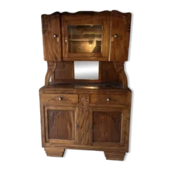 Buffet deux corps ancien en bois sculpté – Art Nouveau – vitrine et miroir