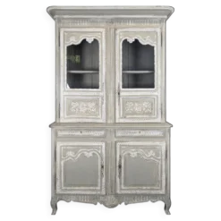 Buffet deux corps vitré normand en chêne patiné gris et blanc
