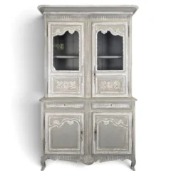 Buffet deux corps vitré normand en chêne patiné gris et blanc