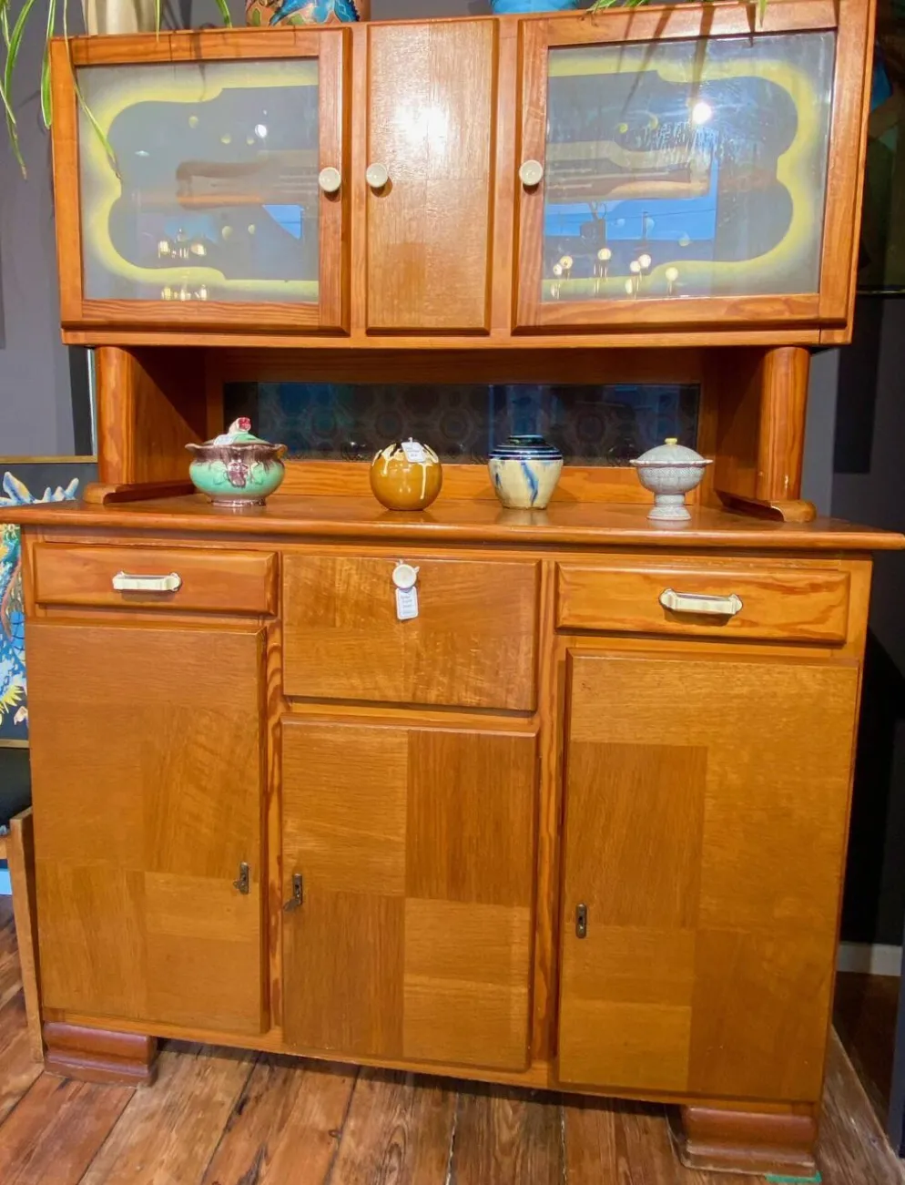 Buffet Double Corps Vintage Art Déco / Populaire en Bois Blond