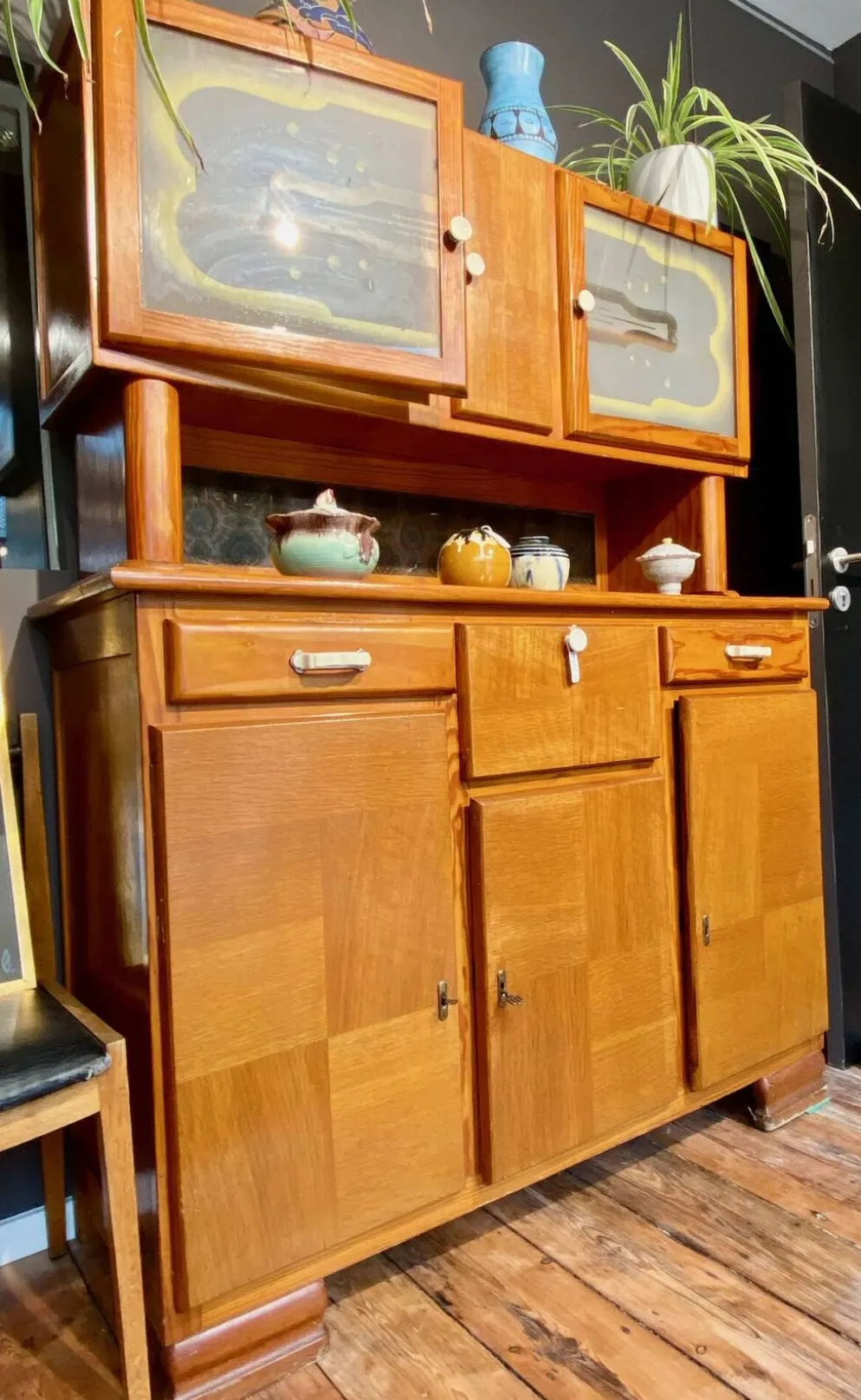 Buffet Double Corps Vintage Art Déco / Populaire en Bois Blond