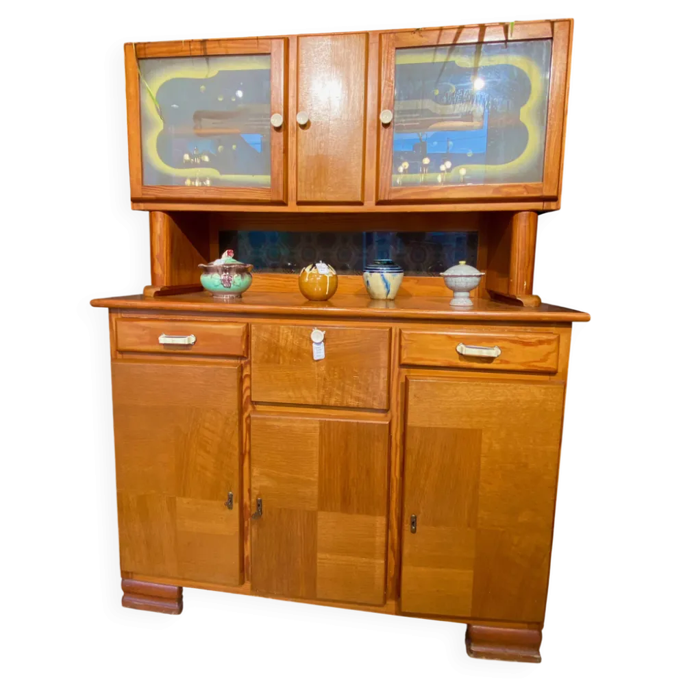 Buffet Double Corps Vintage Art Déco / Populaire en Bois Blond