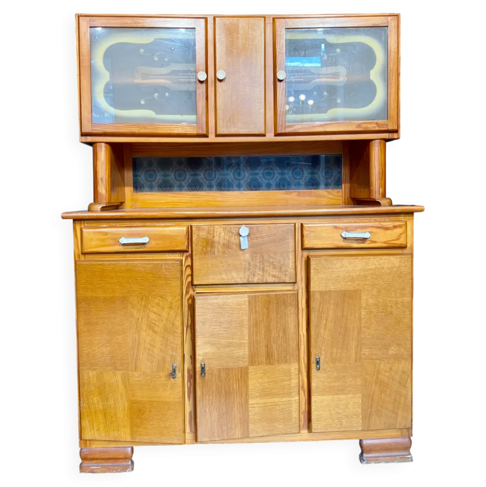 Buffet Double Corps Vintage Art Déco / Populaire en Bois Blond