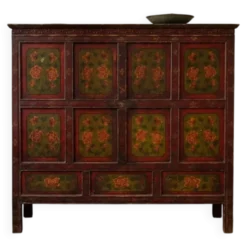 Buffet en bois japonais ancien avec décorations florales peintes à la main