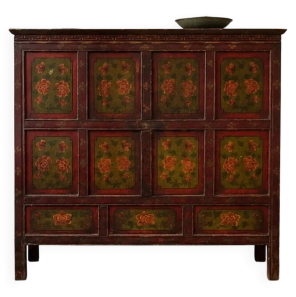 Buffet en bois japonais ancien avec décorations florales peintes à la main