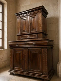 Buffet en cabinet a deux corps en noyer mouluré – Époque Louis XIII