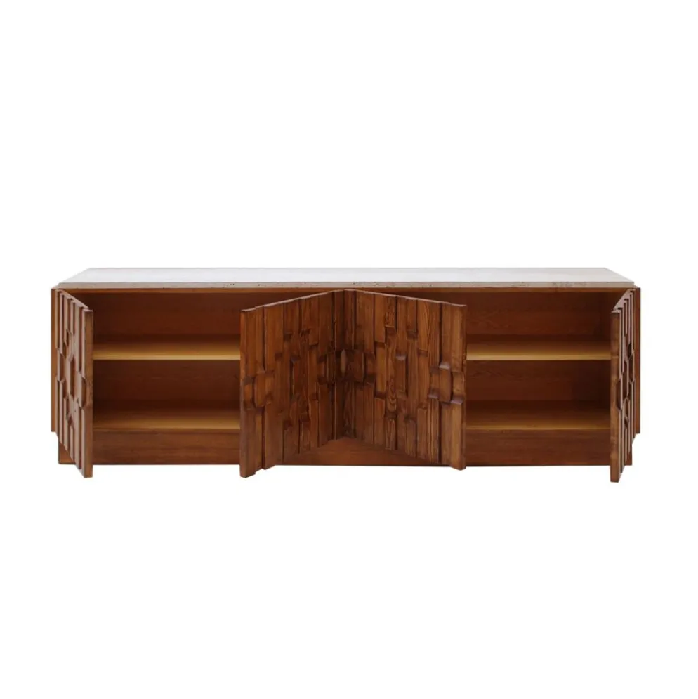 Buffet en chêne italien avec plateau en marbre travertin et motifs sculptés à la main.