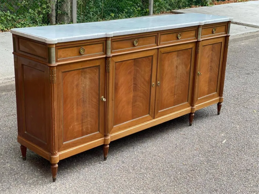 Buffet enfilade Louis XVI en acajou massif plateau marbre blanc 222cm 1950