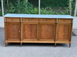 Buffet enfilade Louis XVI en acajou massif plateau marbre blanc 222cm 1950