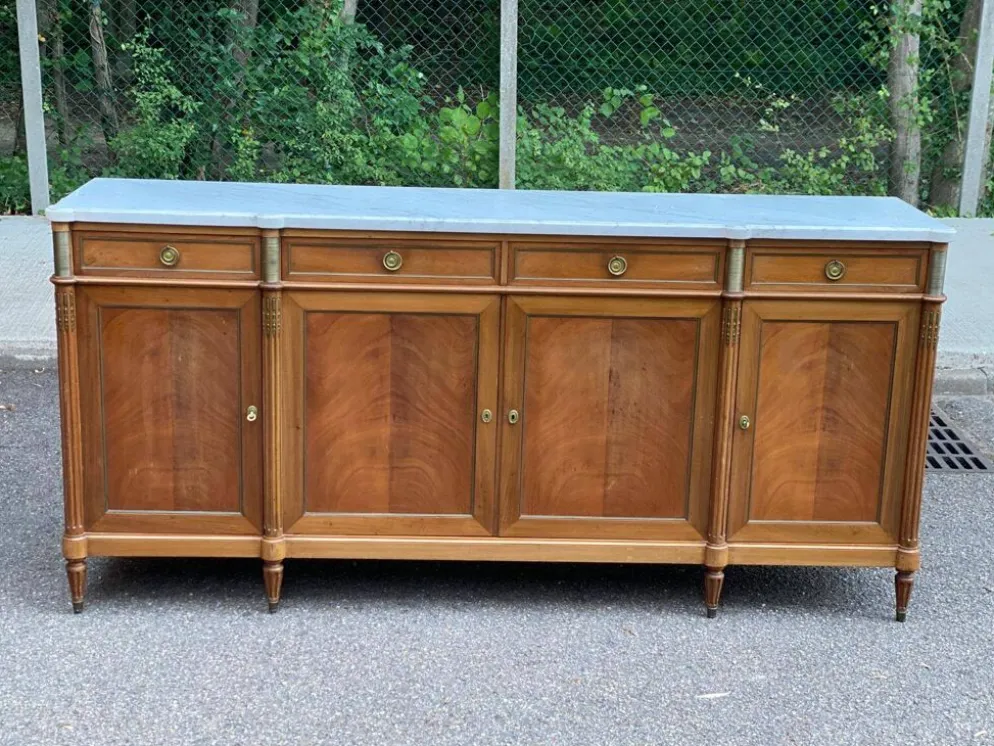 Buffet enfilade Louis XVI en acajou massif plateau marbre blanc 222cm 1950