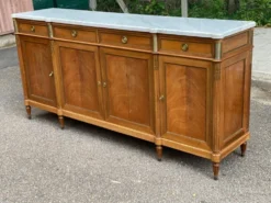 Buffet enfilade Louis XVI en acajou massif plateau marbre blanc 222cm 1950
