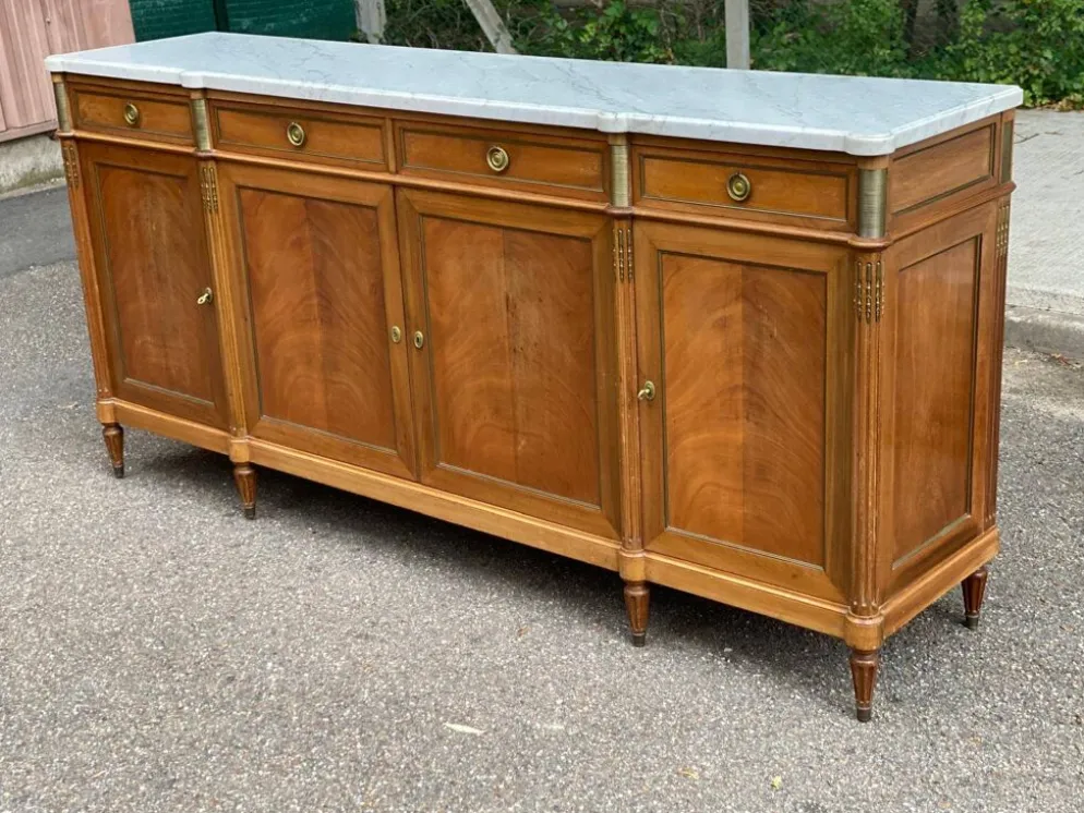 Buffet enfilade Louis XVI en acajou massif plateau marbre blanc 222cm 1950