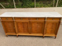 Buffet enfilade Louis XVI en acajou massif plateau marbre blanc 222cm 1950