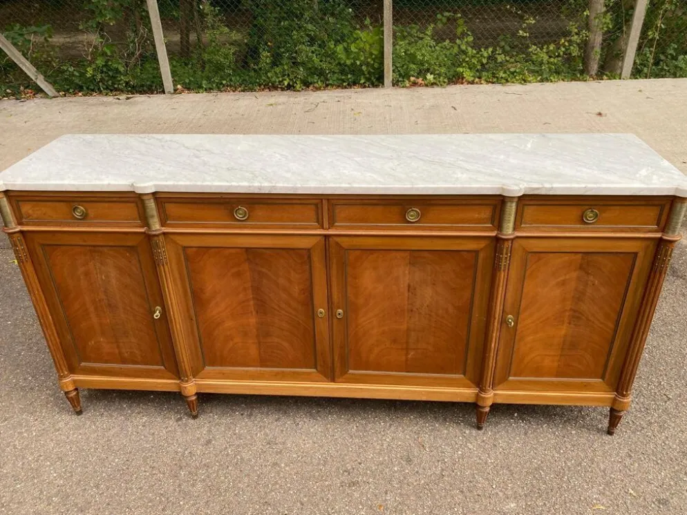 Buffet enfilade Louis XVI en acajou massif plateau marbre blanc 222cm 1950