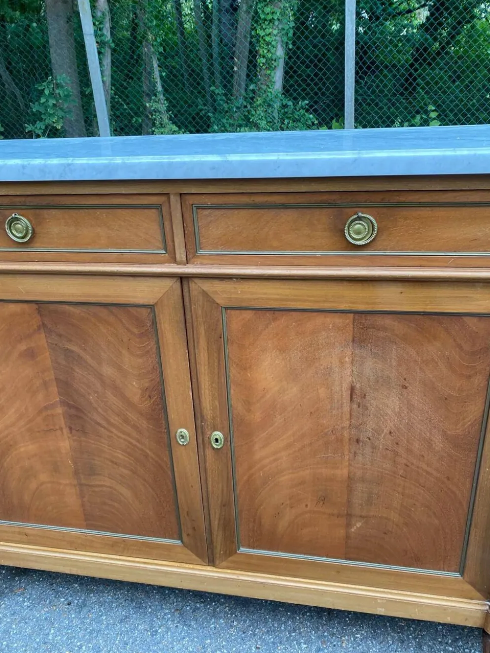 Buffet enfilade Louis XVI en acajou massif plateau marbre blanc 222cm 1950