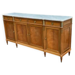 Buffet enfilade Louis XVI en acajou massif plateau marbre blanc 222cm 1950