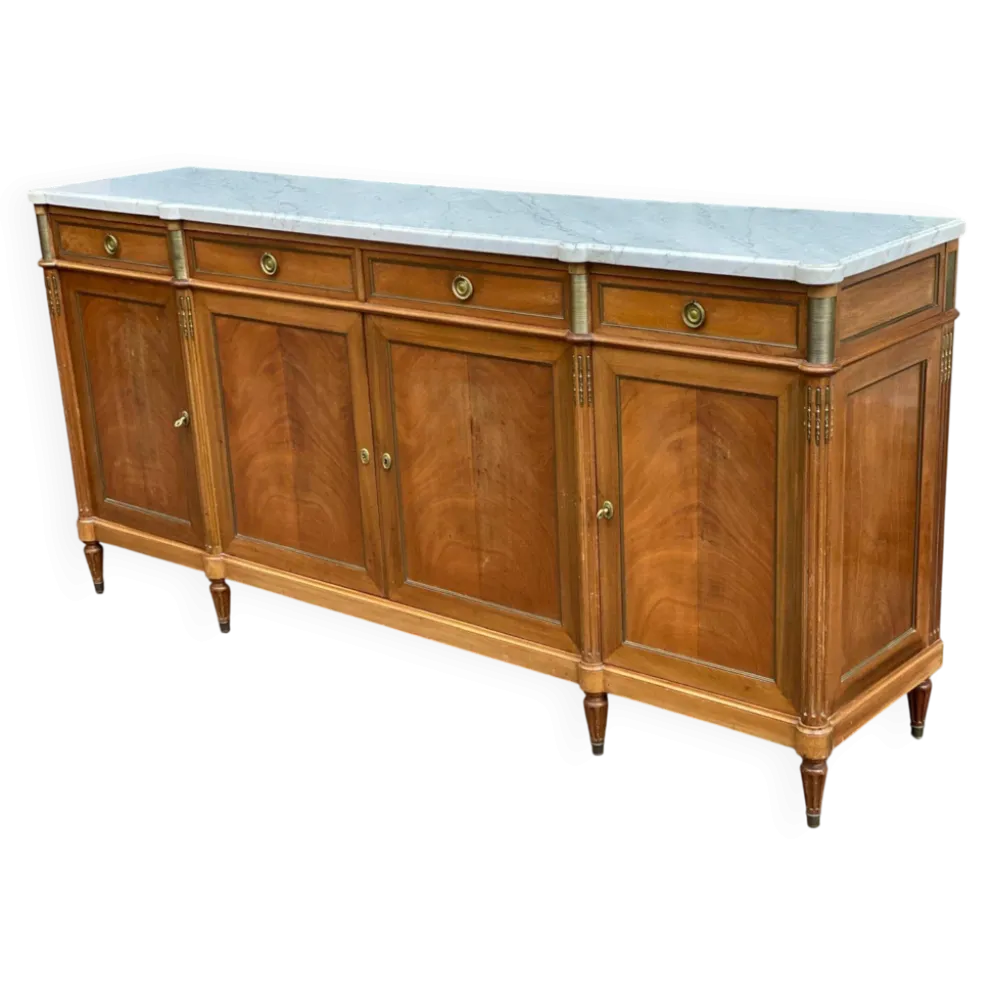 Buffet enfilade Louis XVI en acajou massif plateau marbre blanc 222cm 1950