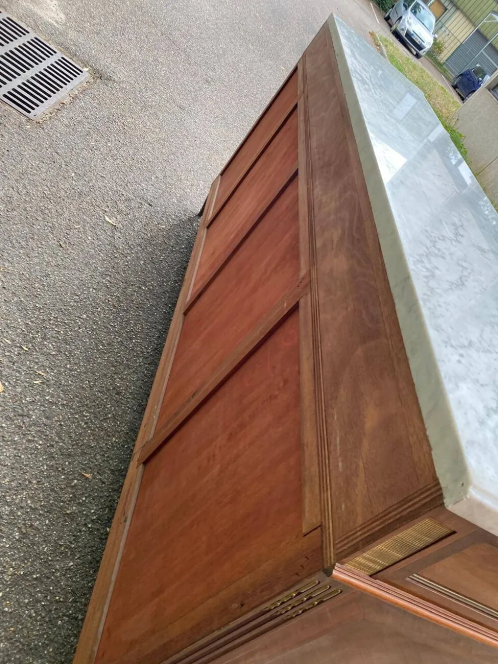 Buffet enfilade Louis XVI en acajou massif plateau marbre blanc 222cm 1950