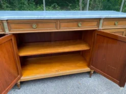 Buffet enfilade Louis XVI en acajou massif plateau marbre blanc 222cm 1950
