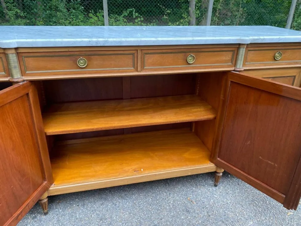 Buffet enfilade Louis XVI en acajou massif plateau marbre blanc 222cm 1950