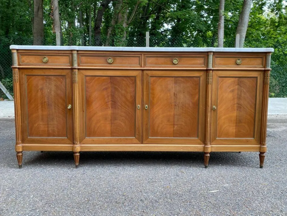 Buffet enfilade Louis XVI en acajou massif plateau marbre blanc 222cm 1950
