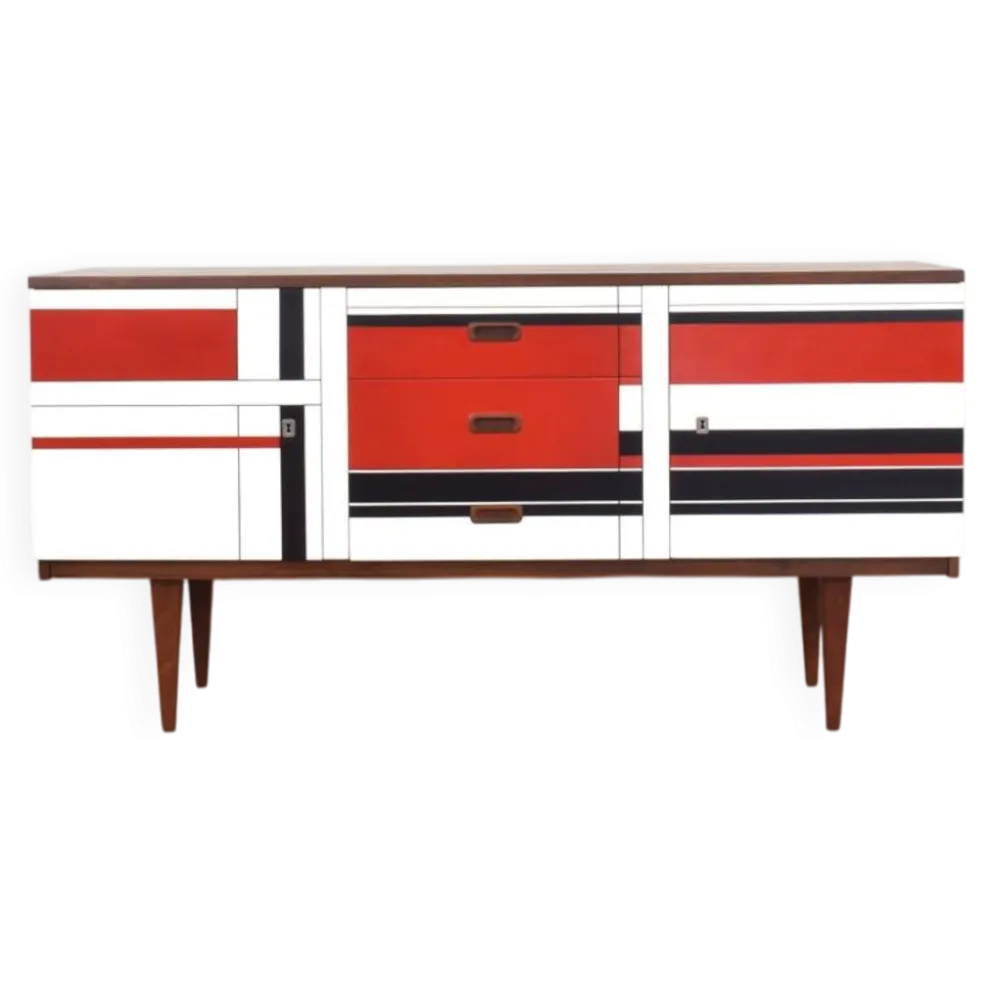 Buffet en noyer des années 1960 avec motif peint à la main.