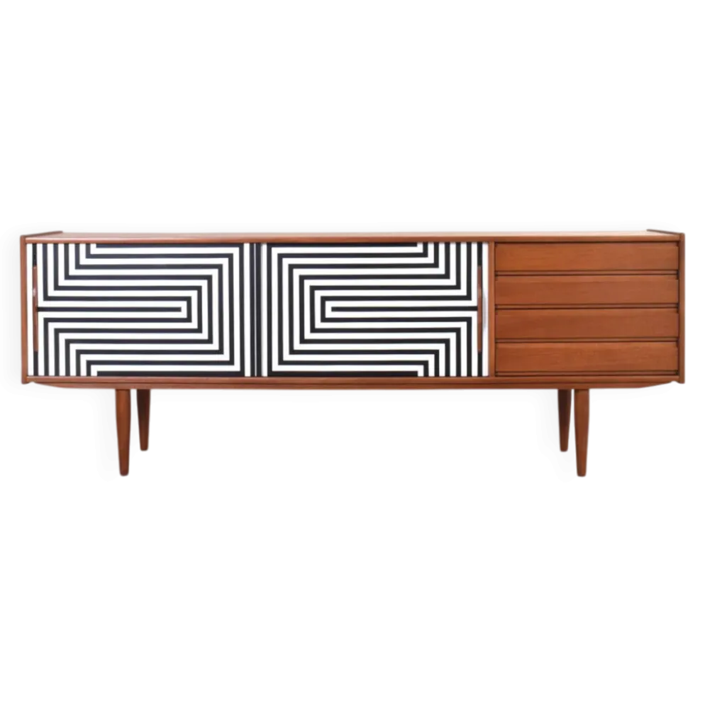 Buffet en teck danois peint à la main en op-art des années 1960.