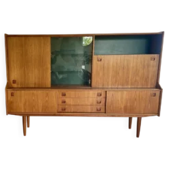 Buffet haut « Highboard » scandinave en teck blond avec bar intégré - 60's