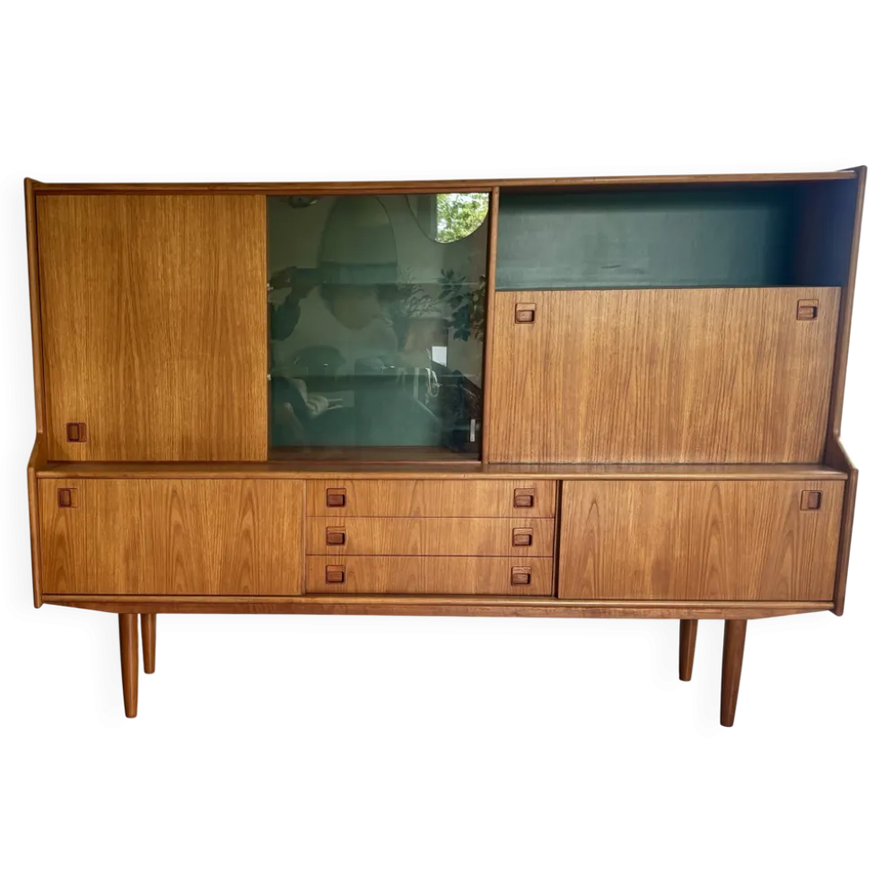 Buffet haut « Highboard » scandinave en teck blond avec bar intégré - 60's