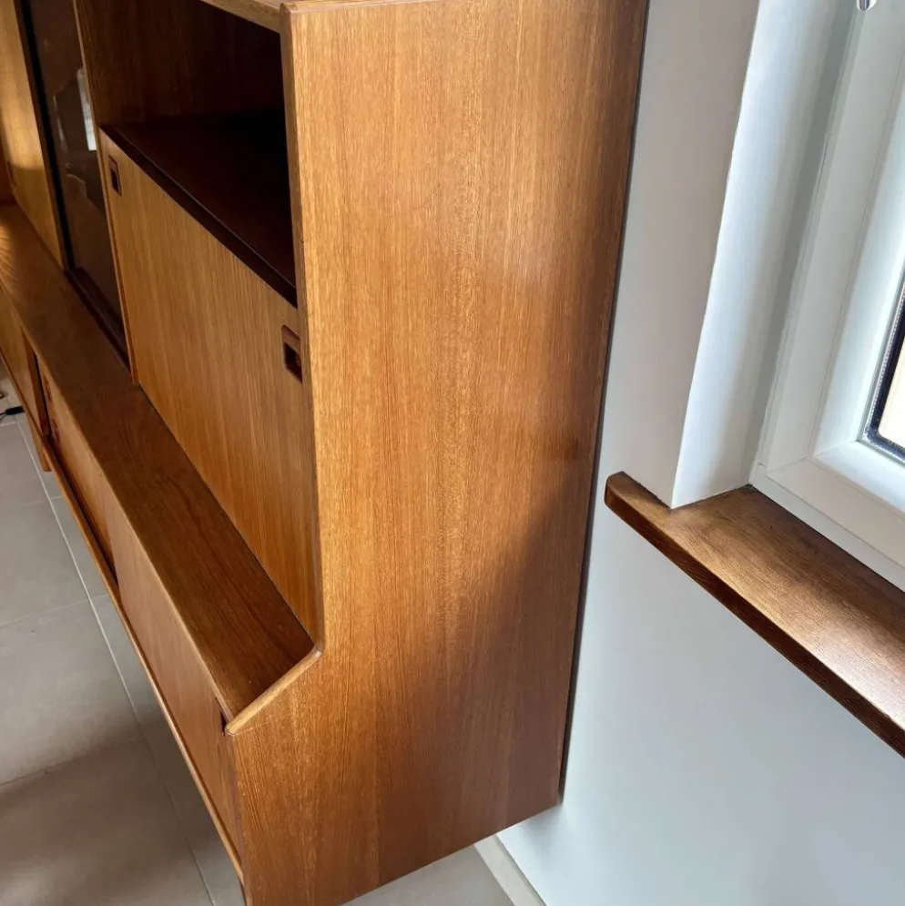 Buffet haut « Highboard » scandinave en teck blond avec bar intégré - 60's