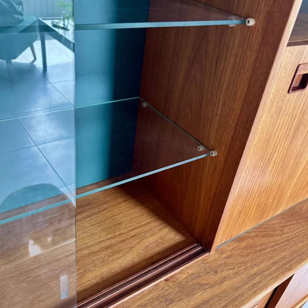 Buffet haut « Highboard » scandinave en teck blond avec bar intégré - 60's