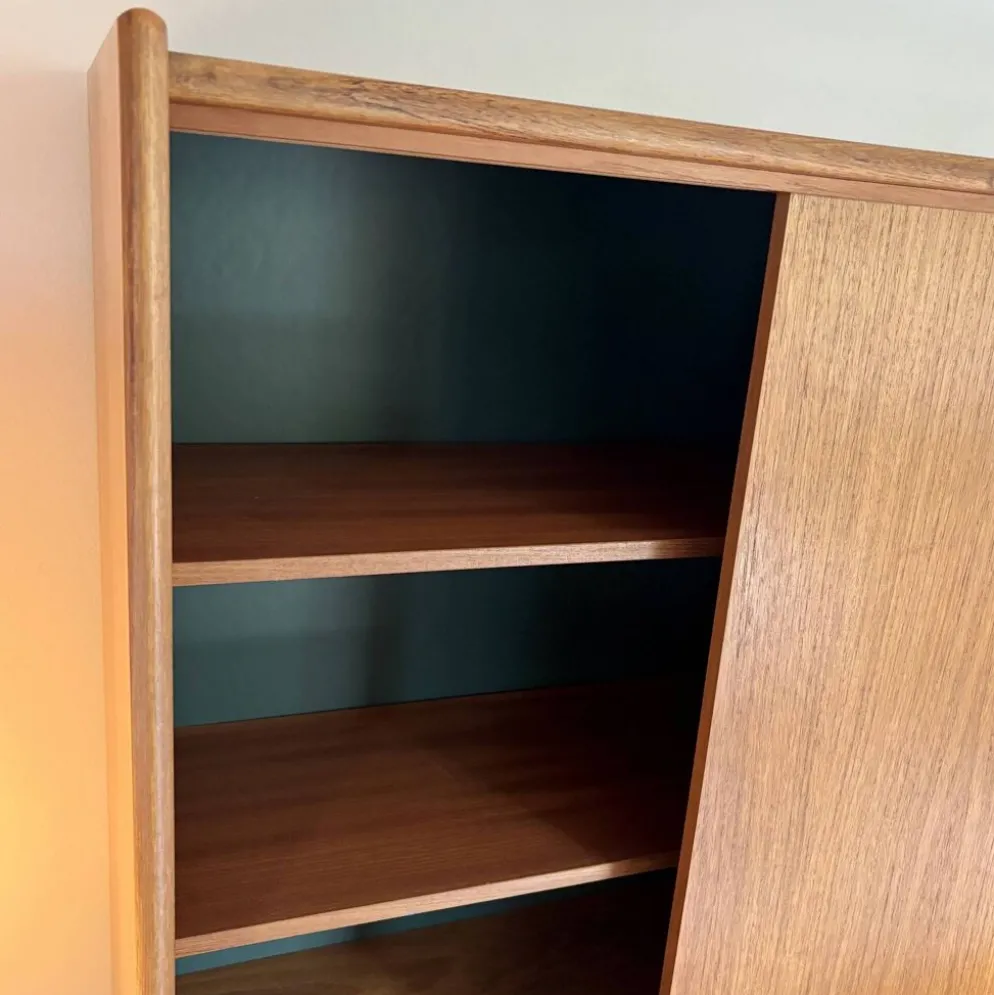Buffet haut « Highboard » scandinave en teck blond avec bar intégré - 60's