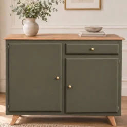 Buffet Mado vintage rénové kaki et bois – 2 portes et 1 tiroir