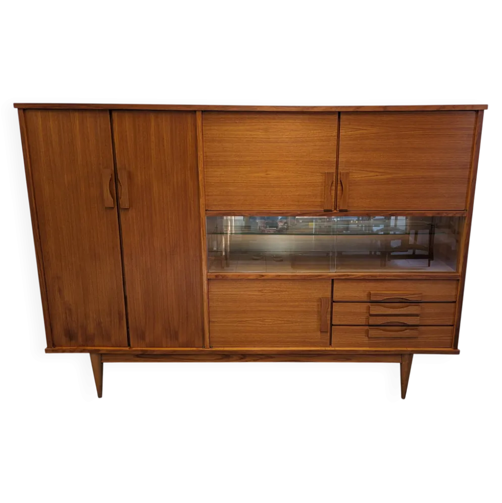 Buffet ou enfilade haute moderniste en teck, France vers 1960