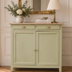 Buffet parisien ancien rénové – Vert Argile Envie & plateau bois – 99 cm