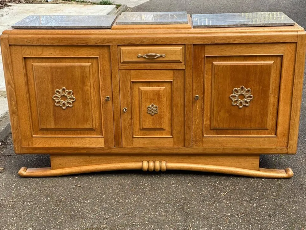 Buffet parisien art déco 2 corps en chêne massif et marbre 1940