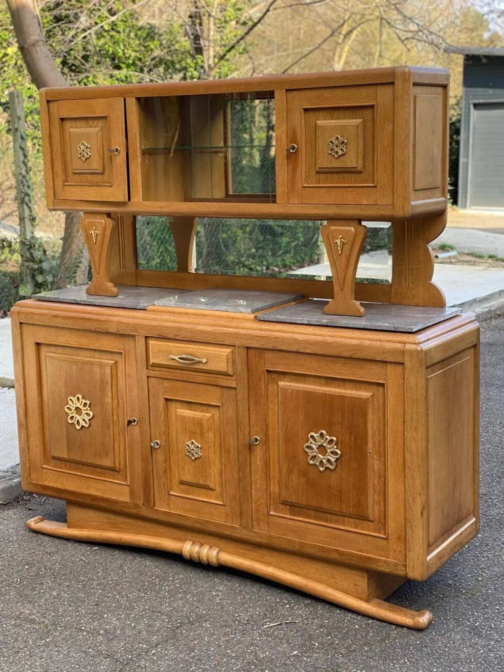 Buffet parisien art déco 2 corps en chêne massif et marbre 1940