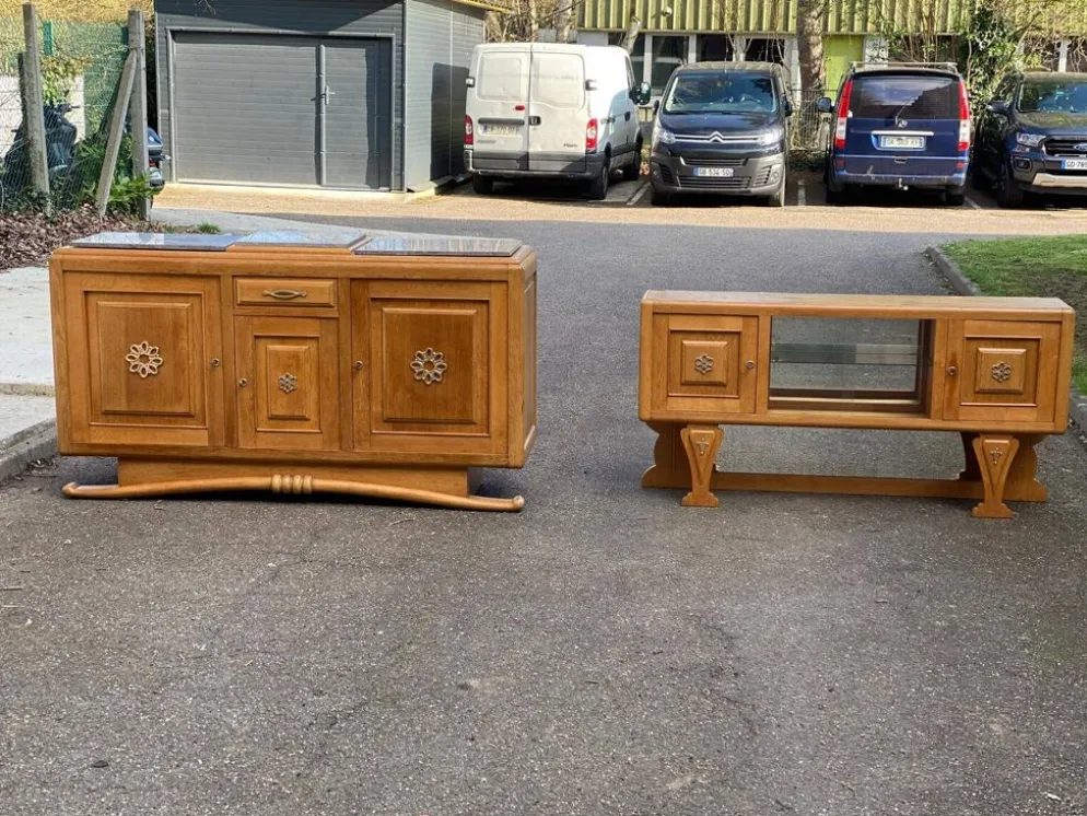 Buffet parisien art déco 2 corps en chêne massif et marbre 1940