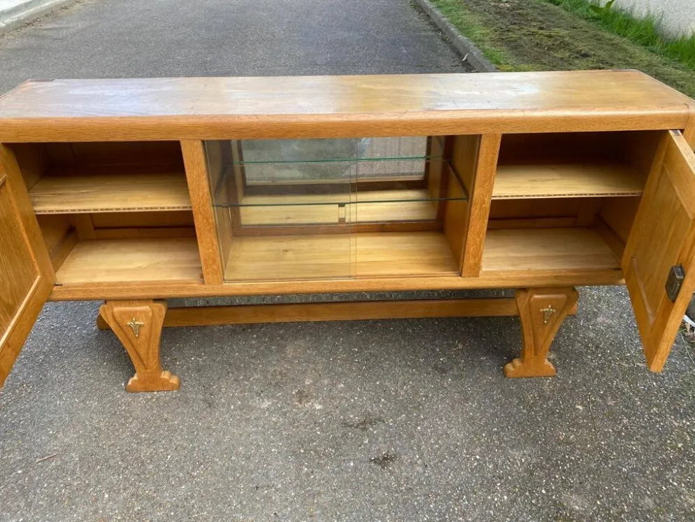 Buffet parisien art déco 2 corps en chêne massif et marbre 1940
