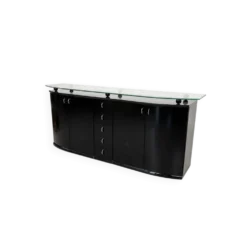 Buffet postmoderne en laque noire avec plateau en verre sur pieds boule