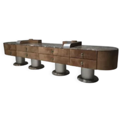 Buffet sculptural italien en suède et marbre Breccia, années 1970