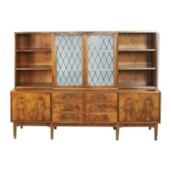 Buffet suédois ancien en noyer et ronce avec vitrine en verre, années 1940