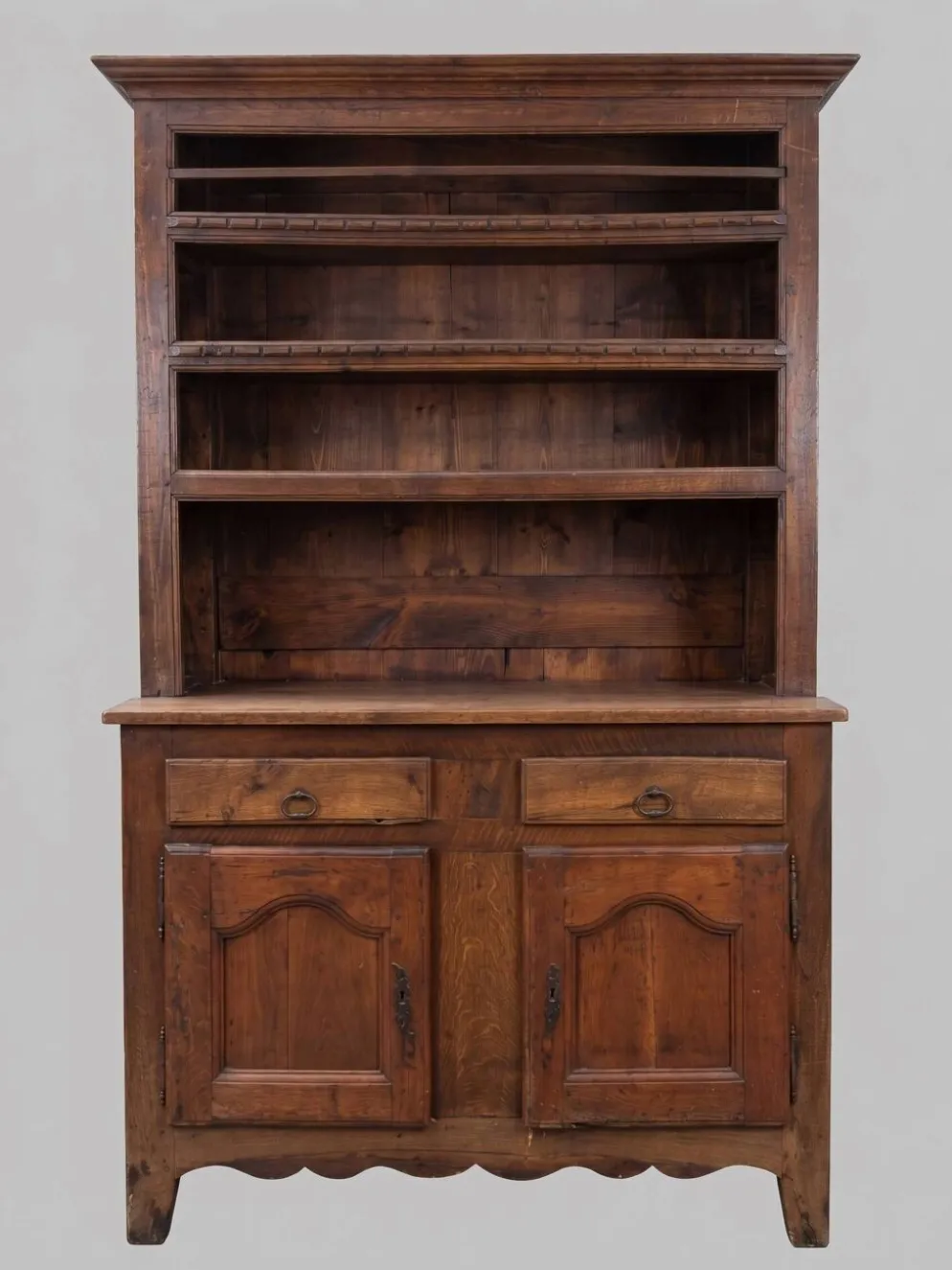 Buffet vaisselier, bahut, double corps en chêne massif Louis XV, Louis Philippe